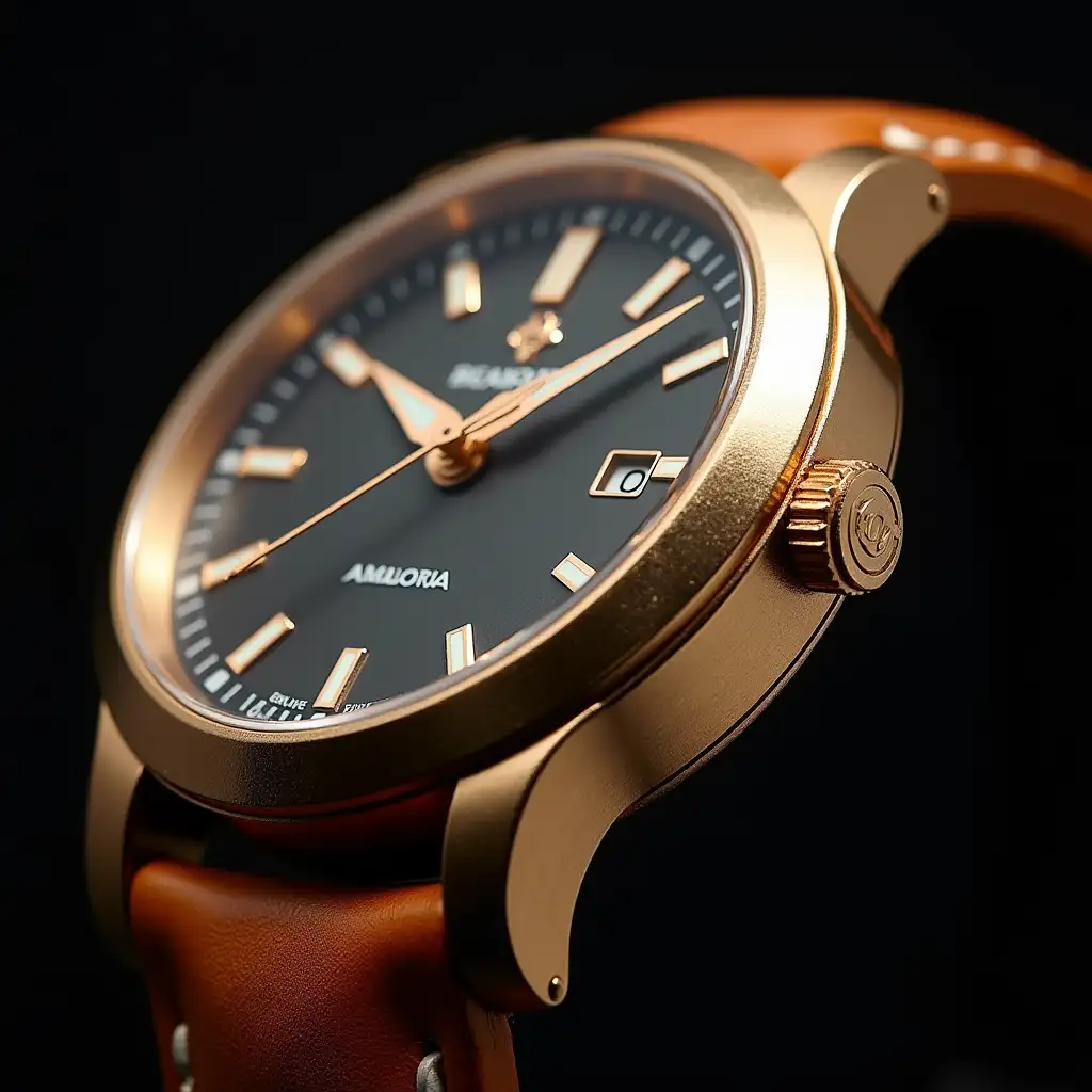 close up of a luxury watch (e.g. gold or silver with a leather strap)