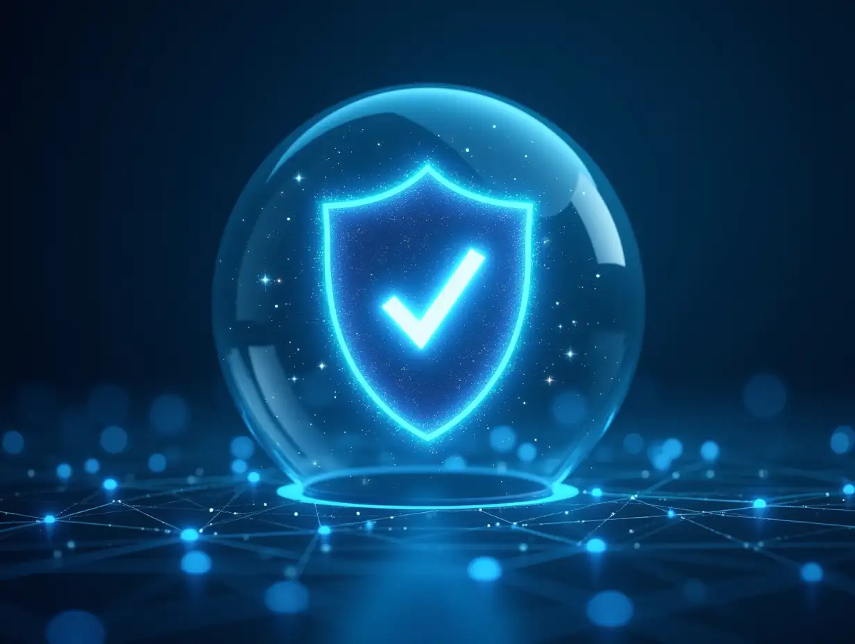 HighTech-Shield-with-Checkmark-in-Glowing-Digital-Sphere