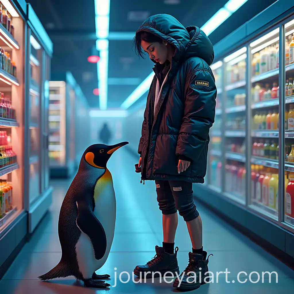 Futuristic-Woman-and-Penguin-in-NeonLit-Cyberpunk-Grocery-Aisle
