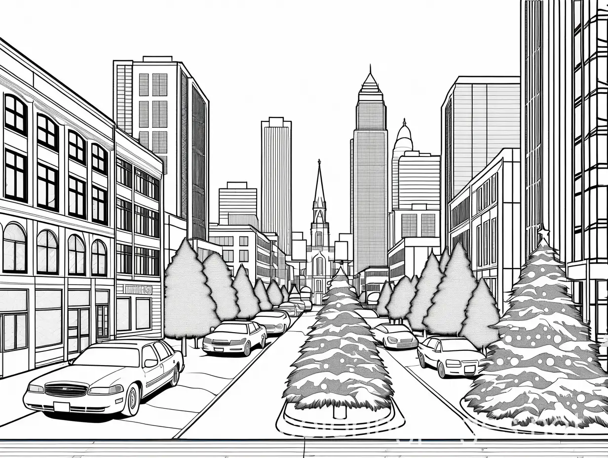 Coloring page of downtown Omaha, Nebraska during Christmas time with wreaths, lights, trees and snow falling, Coloring Page, black and white, line art, white background, Simplicity, Ample White Space. The background of the coloring page is plain white to make it easy for young children to color within the lines. The outlines of all the subjects are easy to distinguish, making it simple for kids to color without too much difficulty