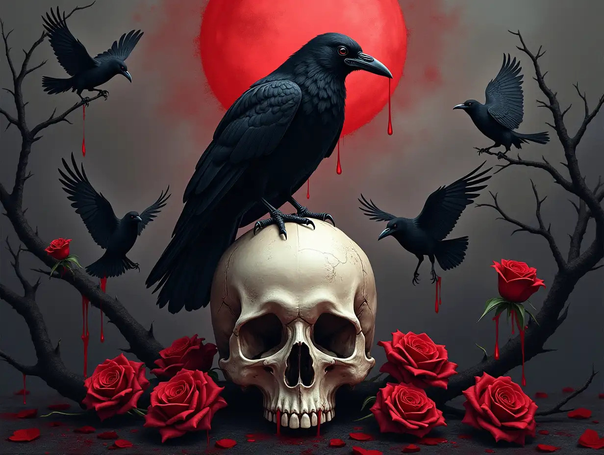 Create a dark, gothic, hyperrealistic illustration featuring a large, detailed raven perched atop a human skull, positioned at the center. Surround the skull with red roses and thorny black branches dripping with blood. Include multiple ravens in various stages of flight, with some. circling or perched on the branches and skull. Use a dark and dramatic color palette of black, deep red, and dark burgundy. Emphasize sharp details, focusing on the intricate feathers of the ravens, the fine texture of the skull, and the roses. The overall composition should evoke an ominous, death-themed aesthetic in a dark, possibly nocturnal landscape, conveying a sense of mystery and darkness. Vector illustration, Watercolor art