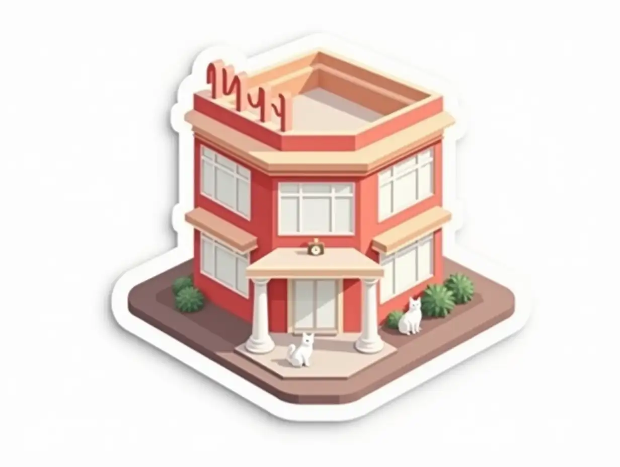 cutout isometric vector sticker: view of the 3-storey building from the corner, the ground floor is completely red-brown in color with white windows and a white glass door in the center of the frame. In the center, above the door of the first floor, there are two white columns two stories high, the upper two floors are light peach-colored with white, the corner of the building is rounded and decorated with a colonnade resting on the first floor and supporting the roof top. at the very top of the corner of the building are red letters forming the word MARK. There are white little anime white cats next to the buildings in the image of business people. Sticker design - top view, blank background, high resolution, vector graphics, white background, paint anime style.