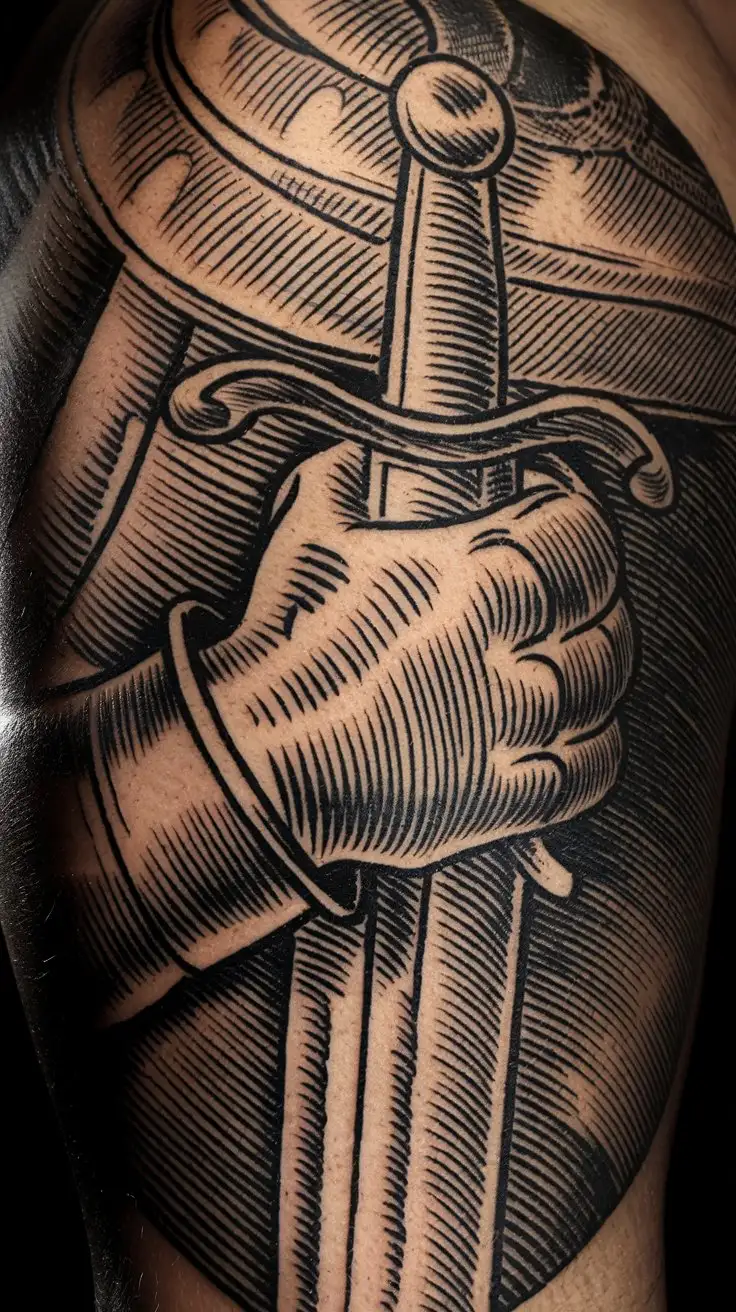 CloseUp-of-a-Medieval-Engraving-Tattoo-Featuring-a-Knights-Gauntlet-and-Sword