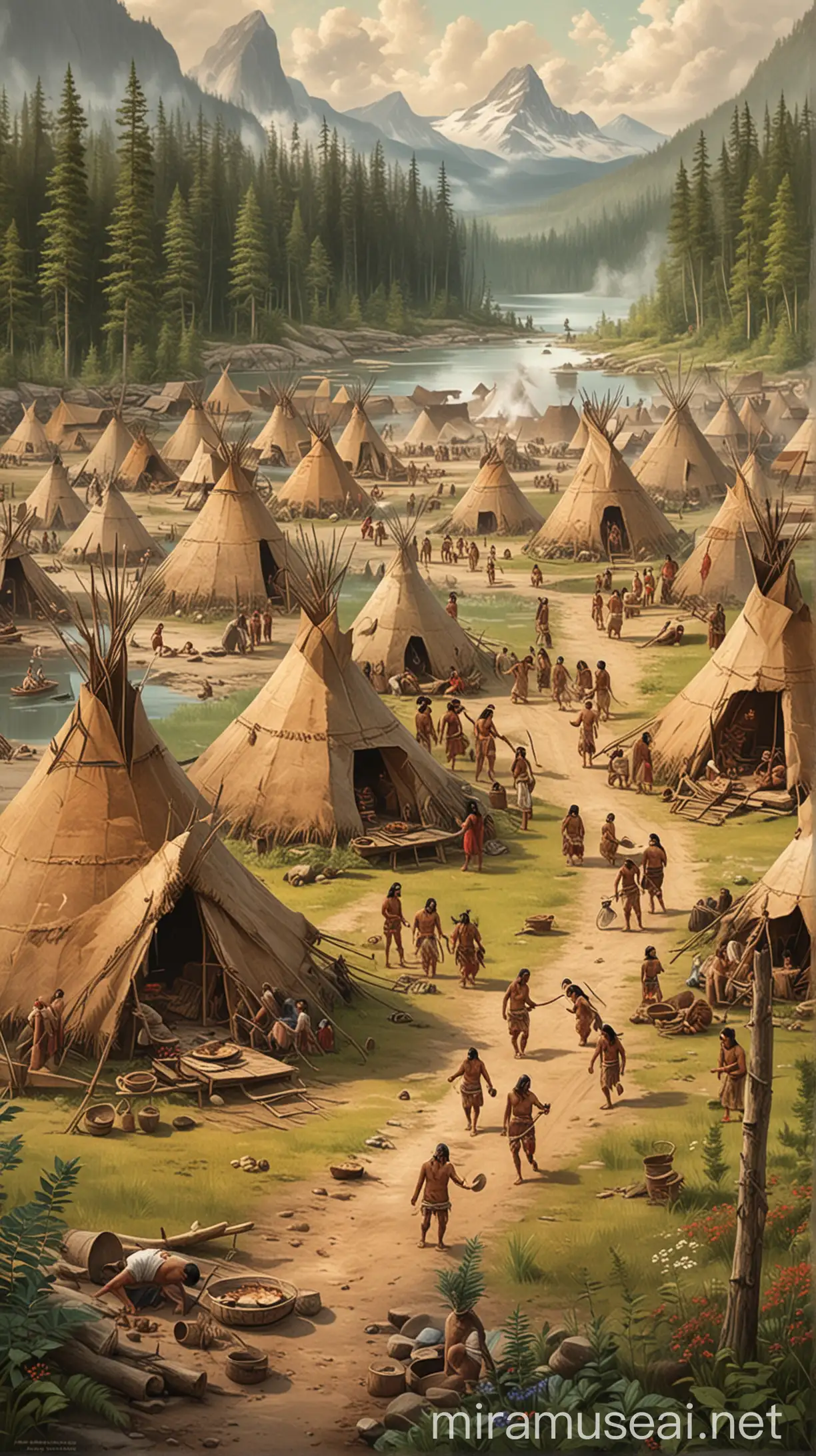 Ancient First Nations Village Life Illustration with Longhouses and Tipis