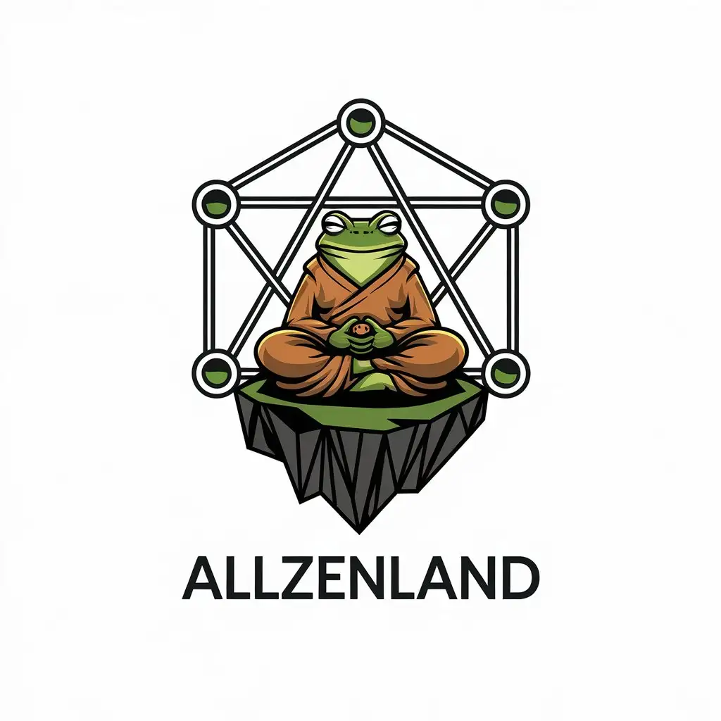 LOGO-Design-for-ALLZENLAND-Frog-Dressed-as-a-Buddhist-Monk-Meditating-on-an-Island-with-an-Arcanel-in-Minimalistic-Style