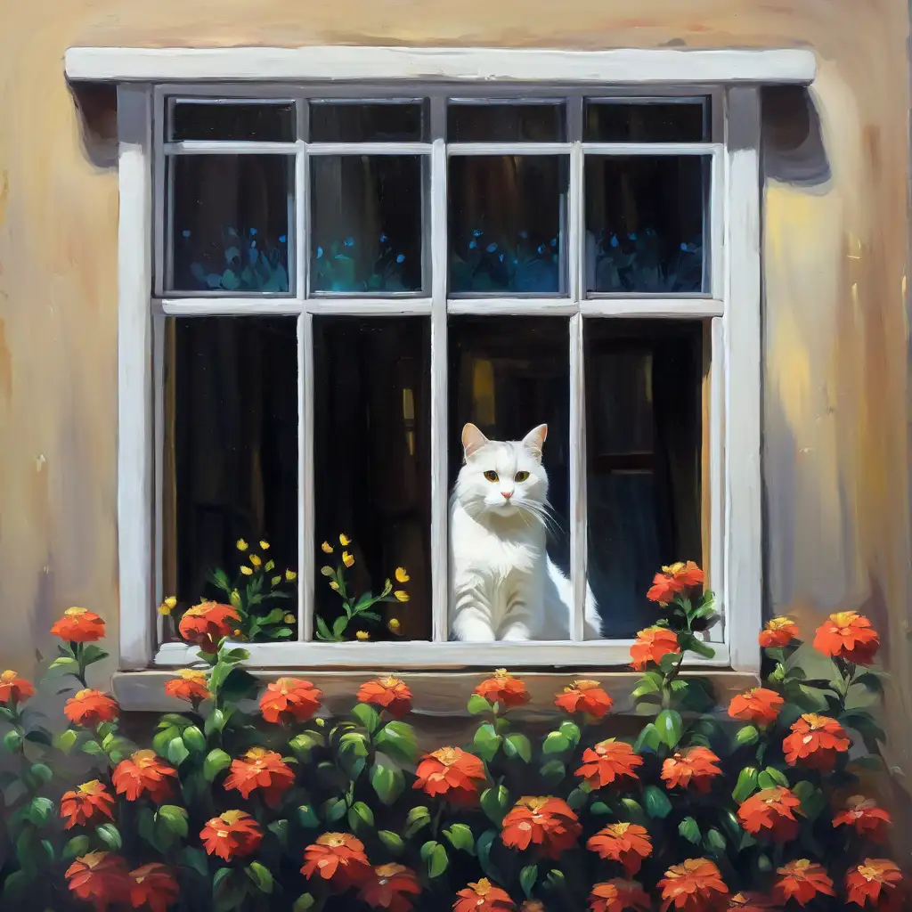 Cat in Window Tranquil Oil Painting Scene