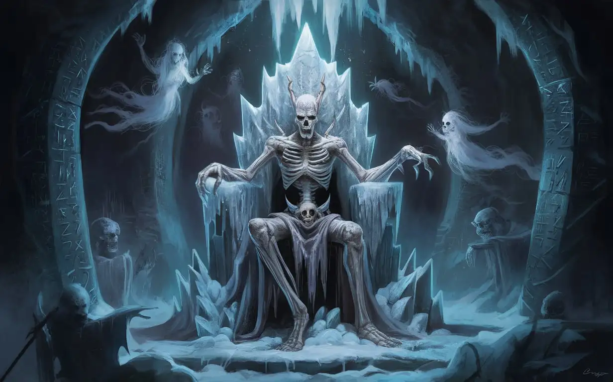 Undead Lich King sitting in his frozen tomb surrounded by spirits