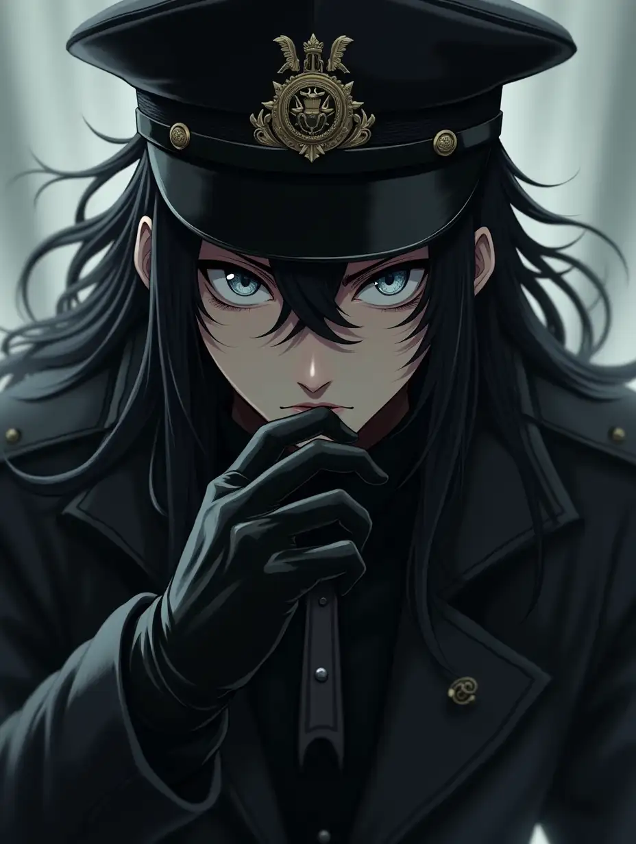 Brutal anime steampunk man, gothic, black hair, close up, portrait, military, trench, cap, black leather gloves without nails, grey eyes, long hair, poster portrait, gothic, intricate composition, artistic anime picture, volumetric light, atmospheric, from above light angle, masterpiece, dynamic angle, by Antonio J. Manzanedo