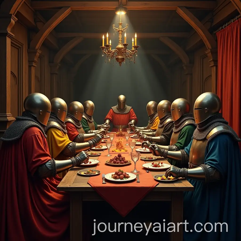 Twelve-Medieval-Knights-Feasting-in-a-Wooden-Dining-Hall-with-Distinct-Armor-Colors