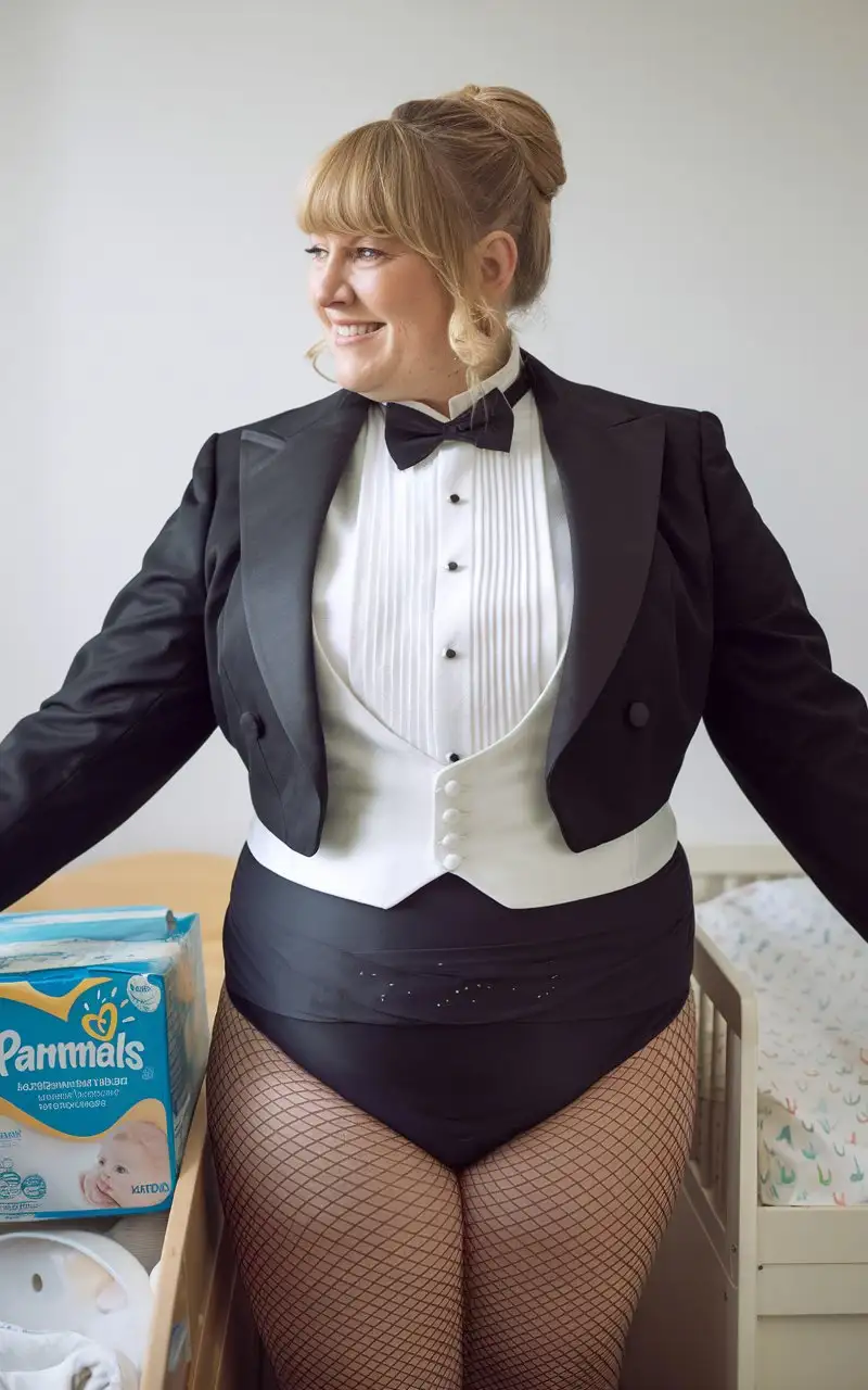 Smiling-MiddleAged-Woman-in-Formal-Tuxedo-Holding-Pampers-Box-in-Nursery