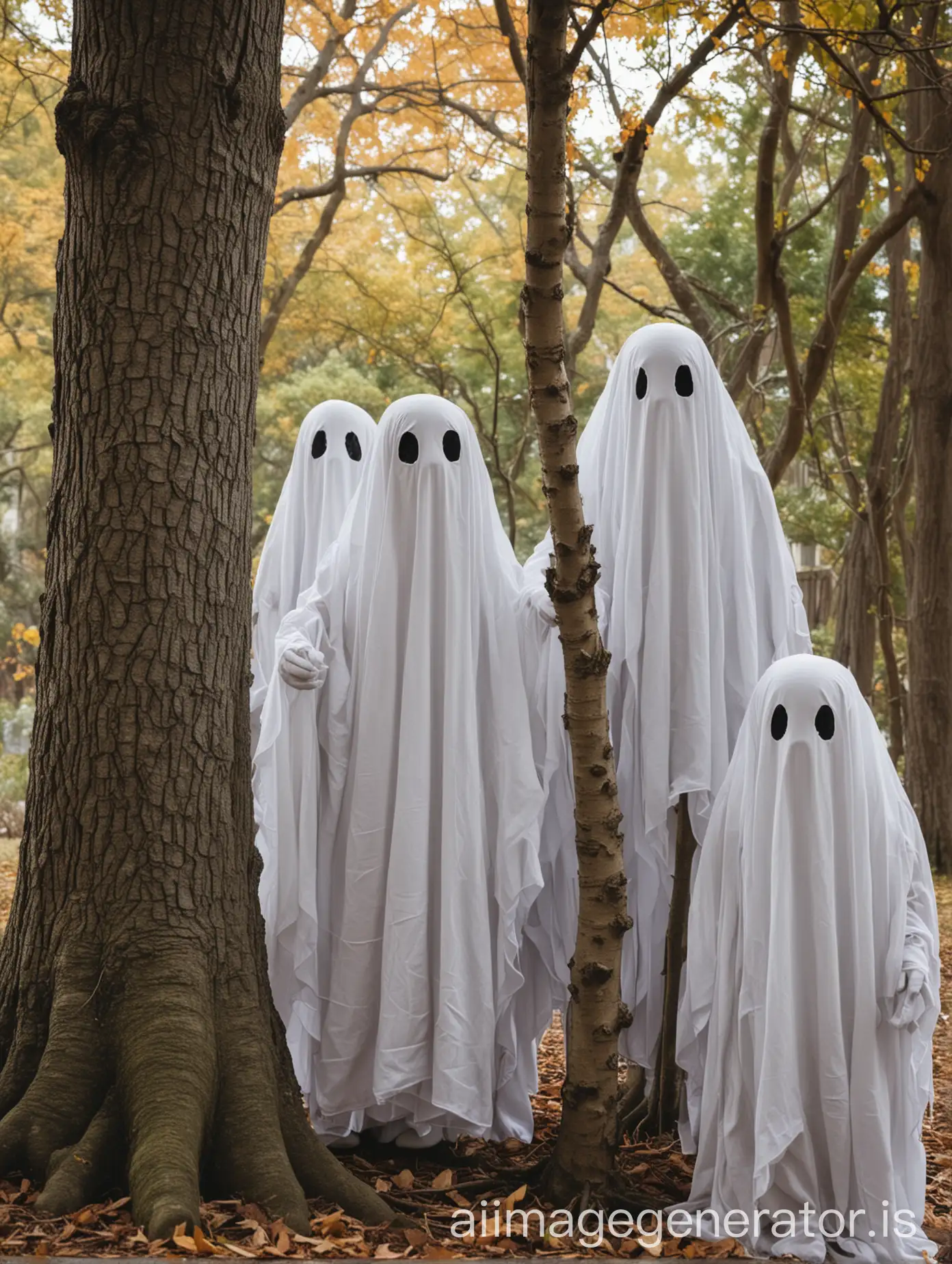 Children-Dressed-as-Ghosts-Playing-HideandSeek-Behind-Tree