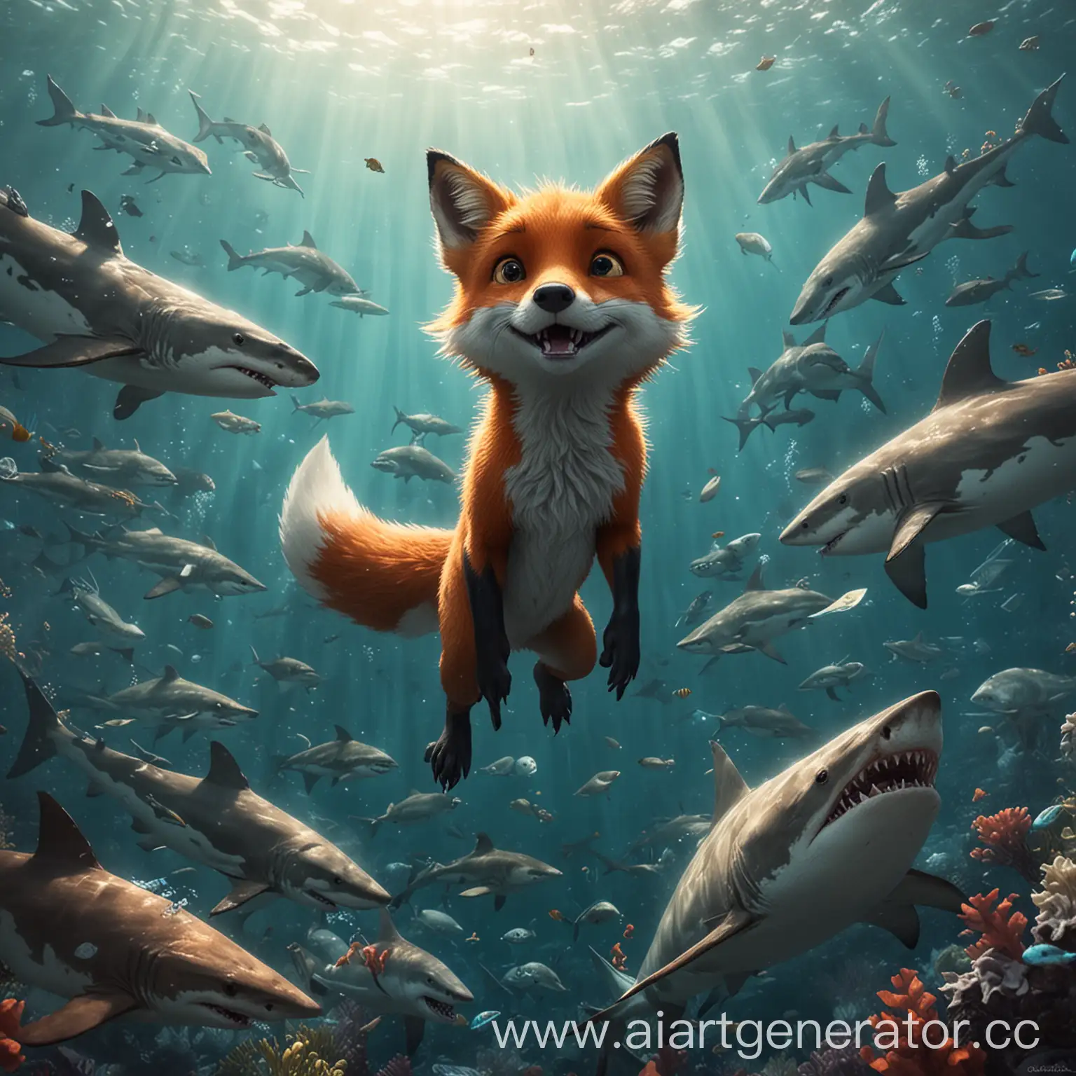 Adorable-Little-Fox-and-Sharks-in-Ocean-Adventure