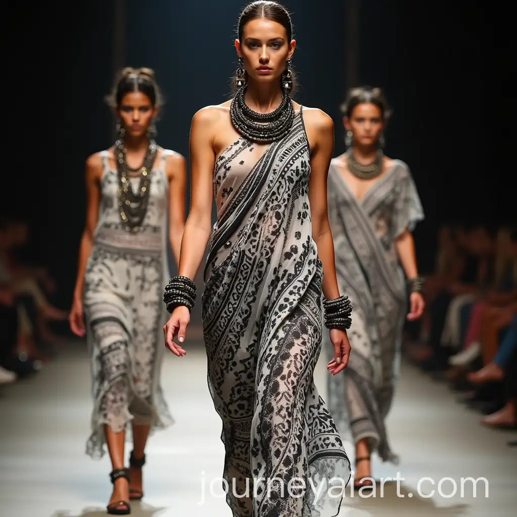 Models-Strutting-Down-Runway-in-Black-and-White-Silky-Garments-with-Tribal-HandPainted-Designs