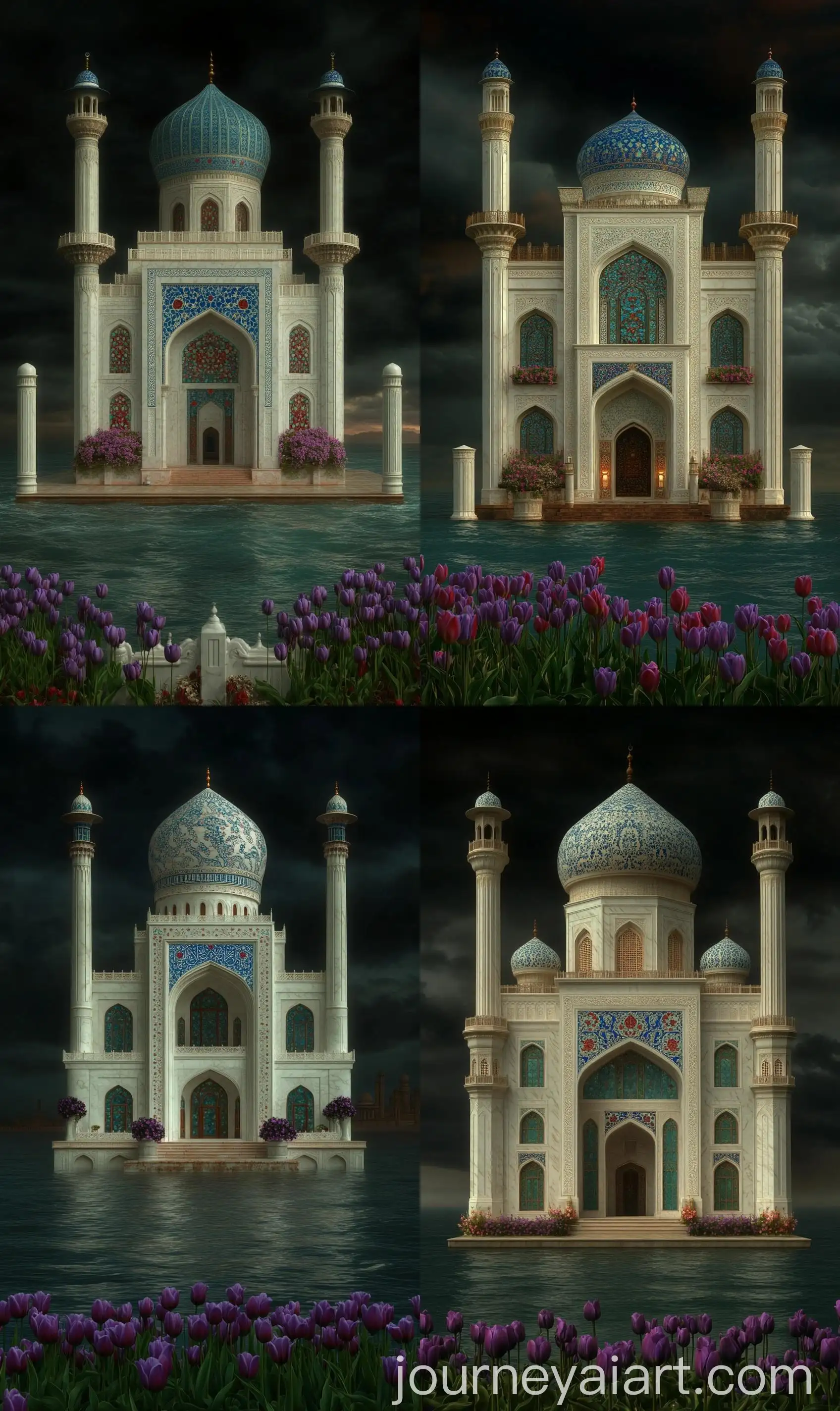 Front-View-of-a-Modern-Samarkand-Madrasa-Mughal-Castle-Surrounded-by-Endless-Ocean