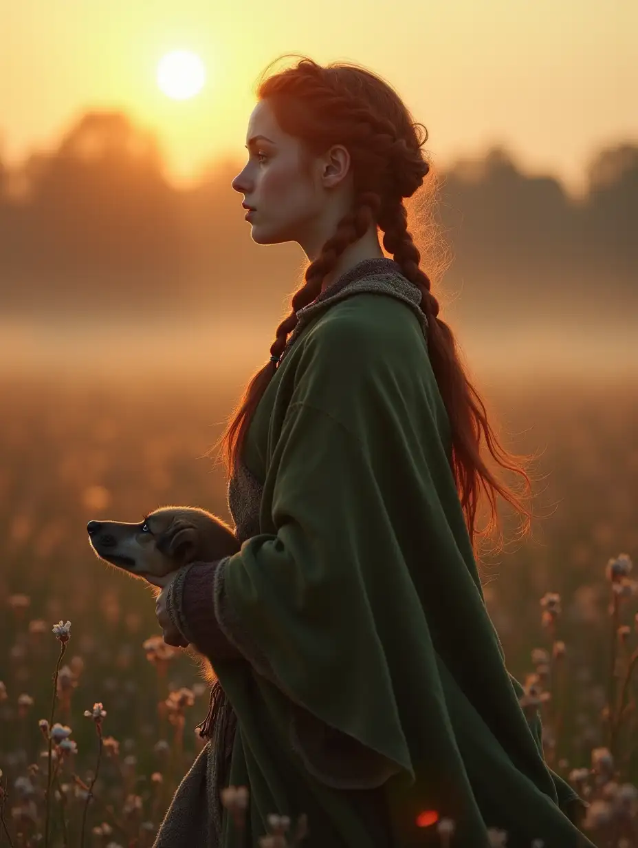 Peasant-Girl-Walking-Through-Misty-Field-at-Dawn-with-Her-Dog