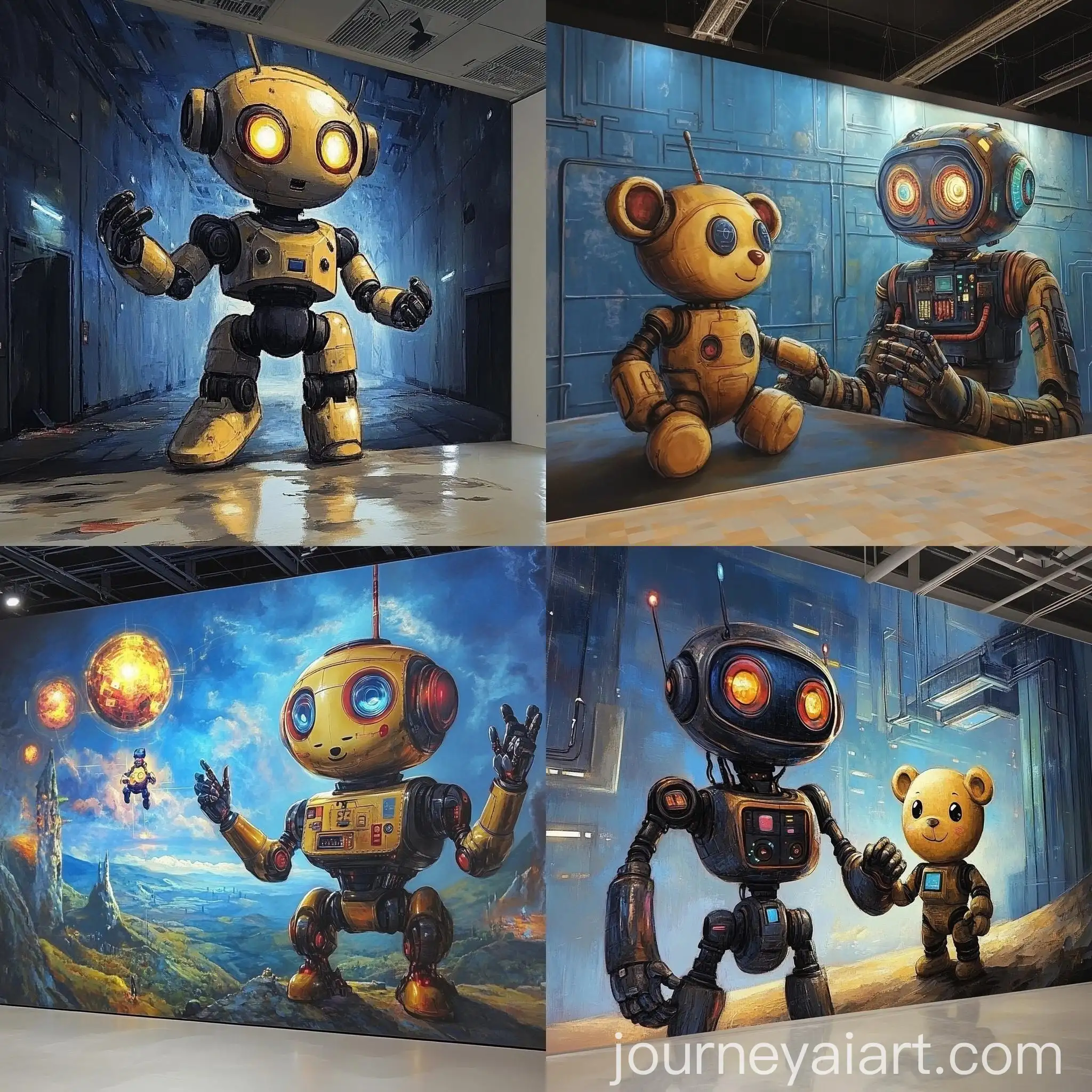 Secondary-School-Wall-Mural-with-Teddy-Bear-Robot-in-Oil-Painting-Style
