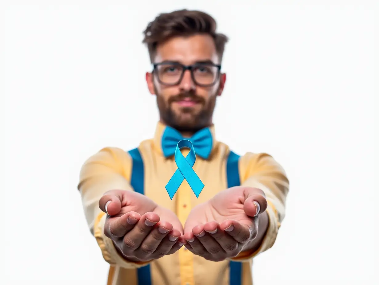 Prostate care. Awareness prostate of men health in November. Hipster men in bright shirt, cyan bowtie with blue ribbon in hands on white background. World cancer day and world diabetes day concept.