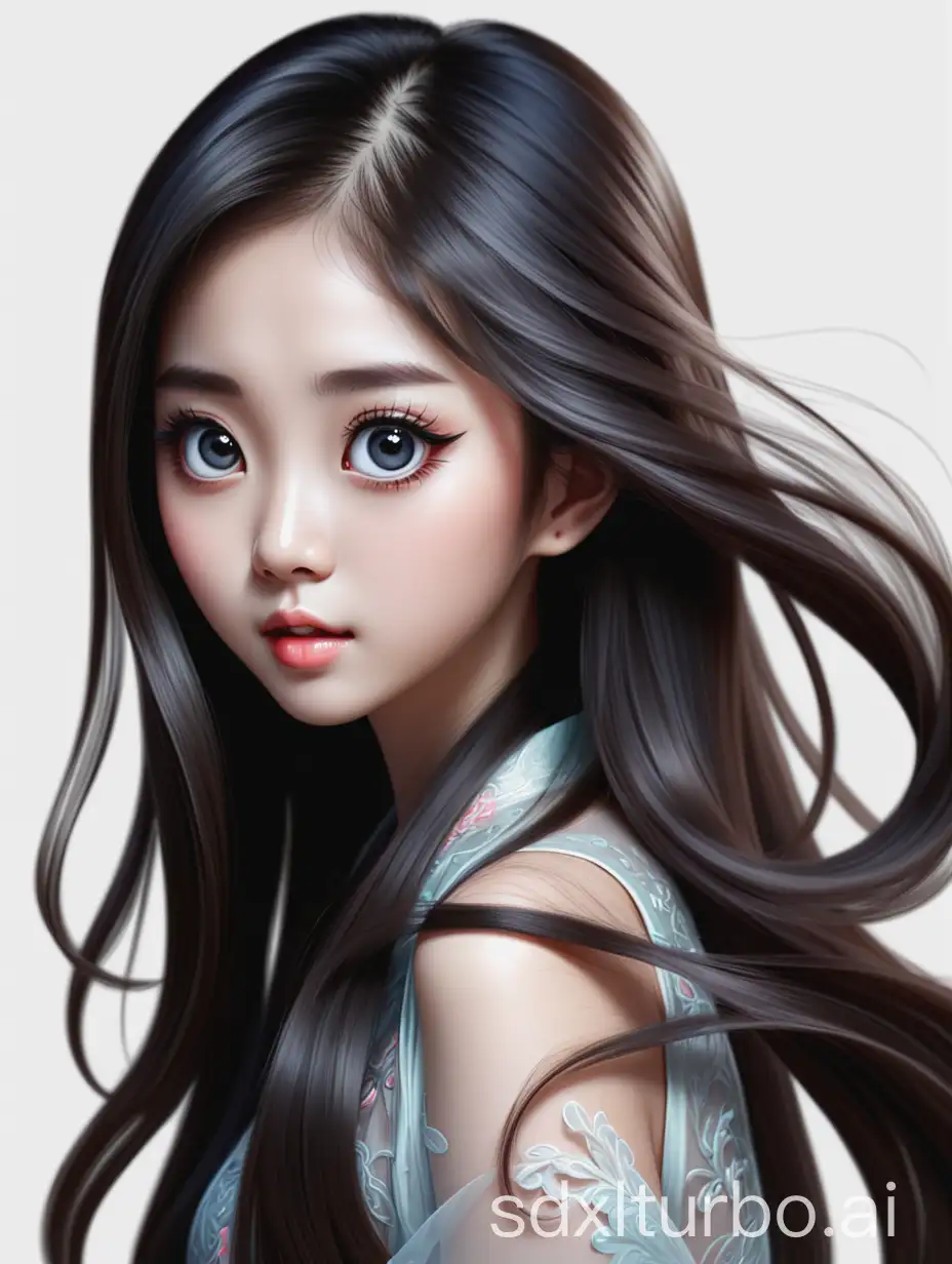 A beautiful Chinese girl with big eyes, long eyelashes, and flowing hair on a transparent background