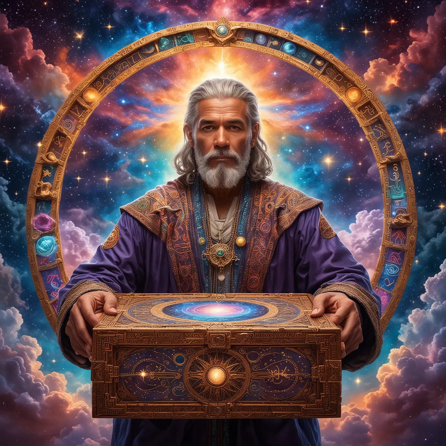 Galactic Man Code Keeper with Ornate Box in Celestial Skies