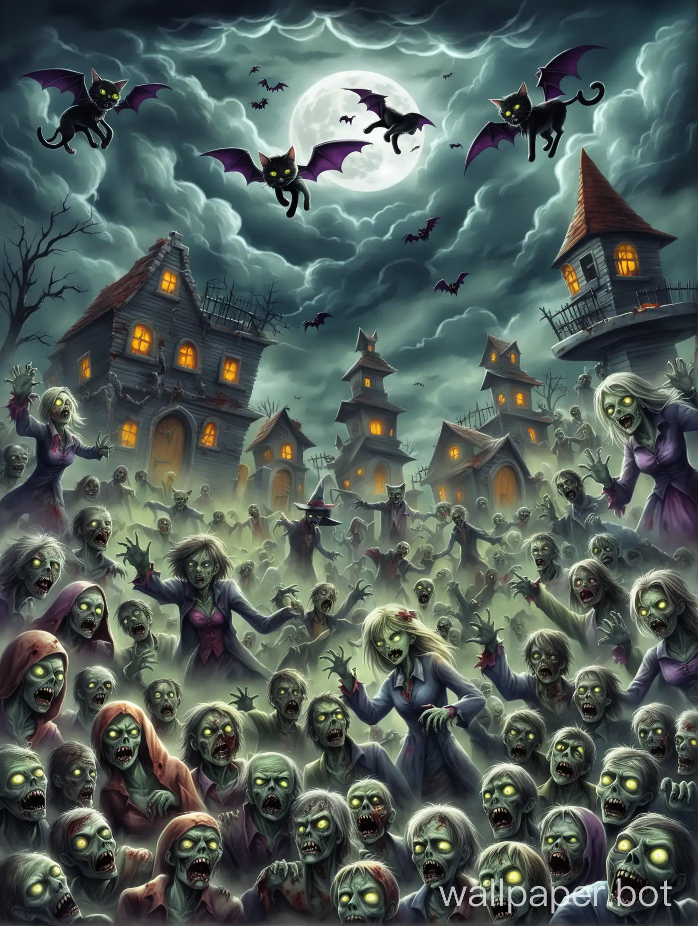 Zombies, evil cats, flying witches fantasy graveyard background full moon storm clouds