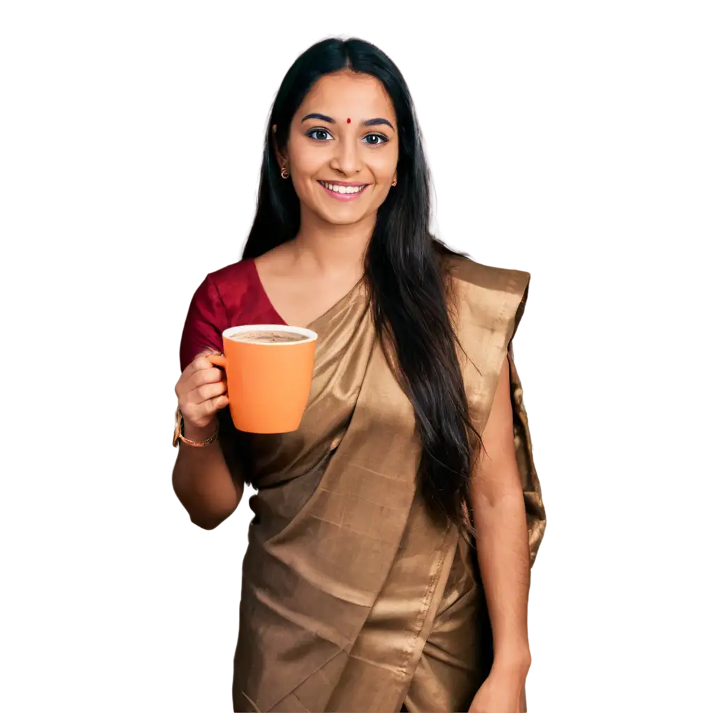 Beautiful-South-Indian-Girl-in-Silk-Saree-Holding-Coffee-Cup-PNG-Image