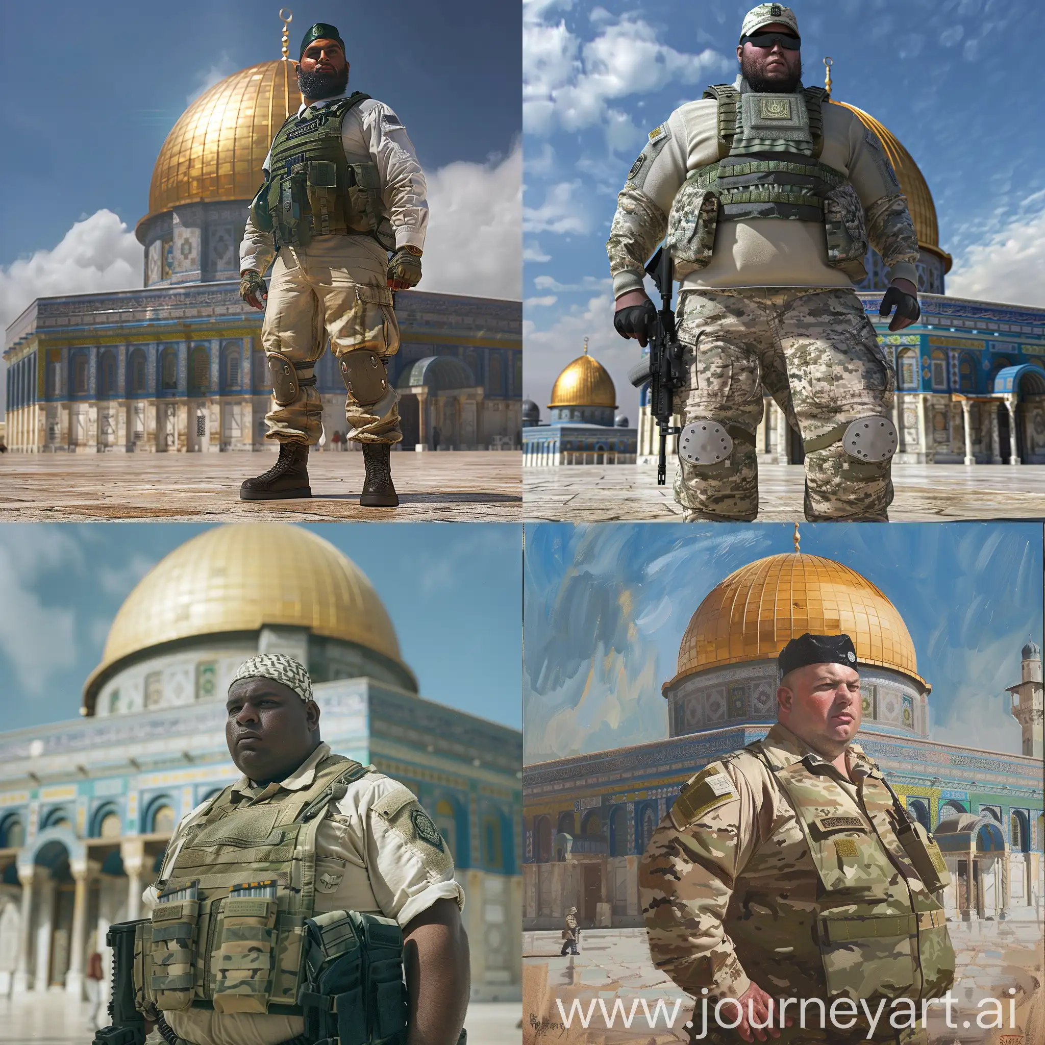 Obese-Soldier-in-Military-Uniform-with-Dome-of-the-Rock-Mosque-Palestine