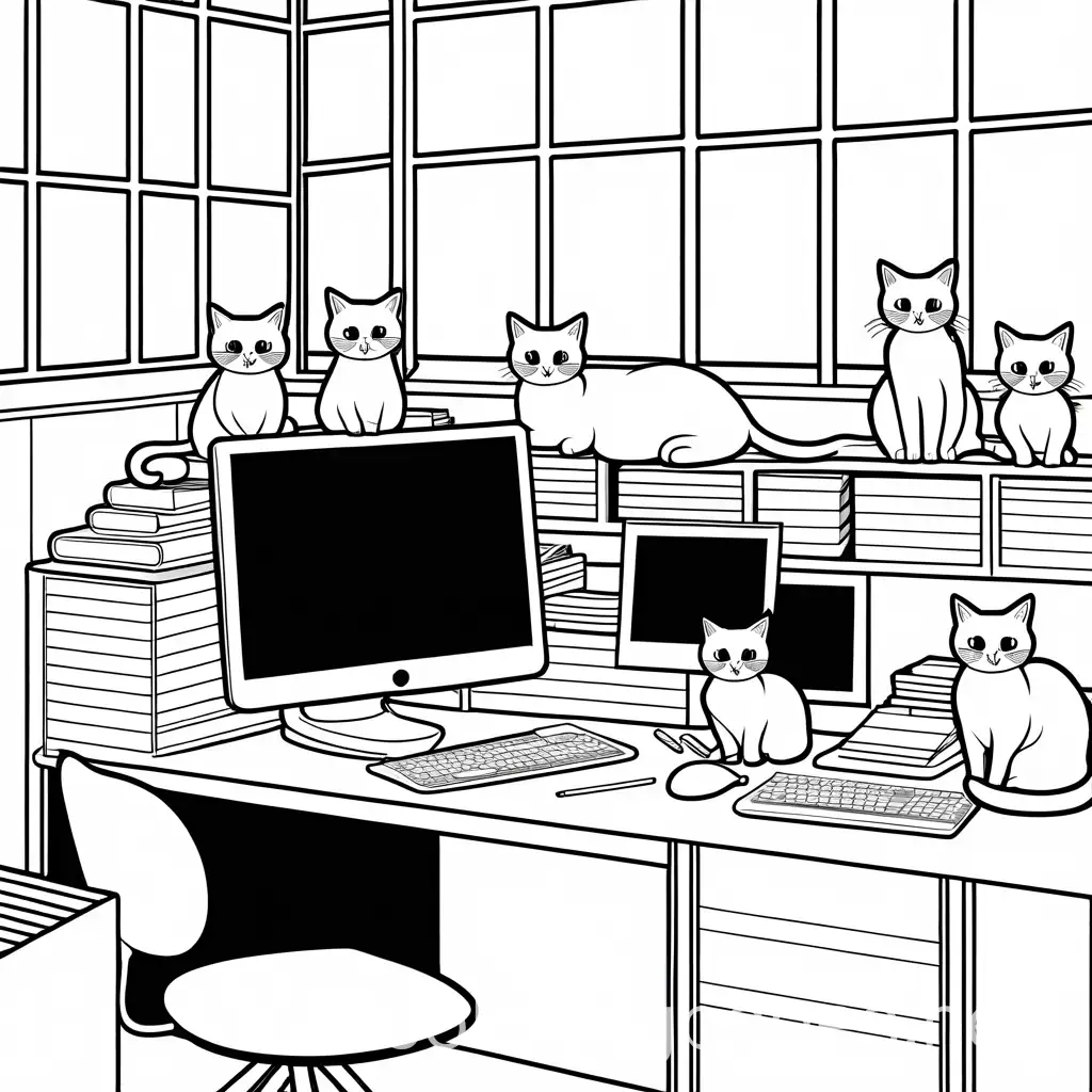 Cute-Cats-Coloring-Page-Black-and-White-Office-Theme