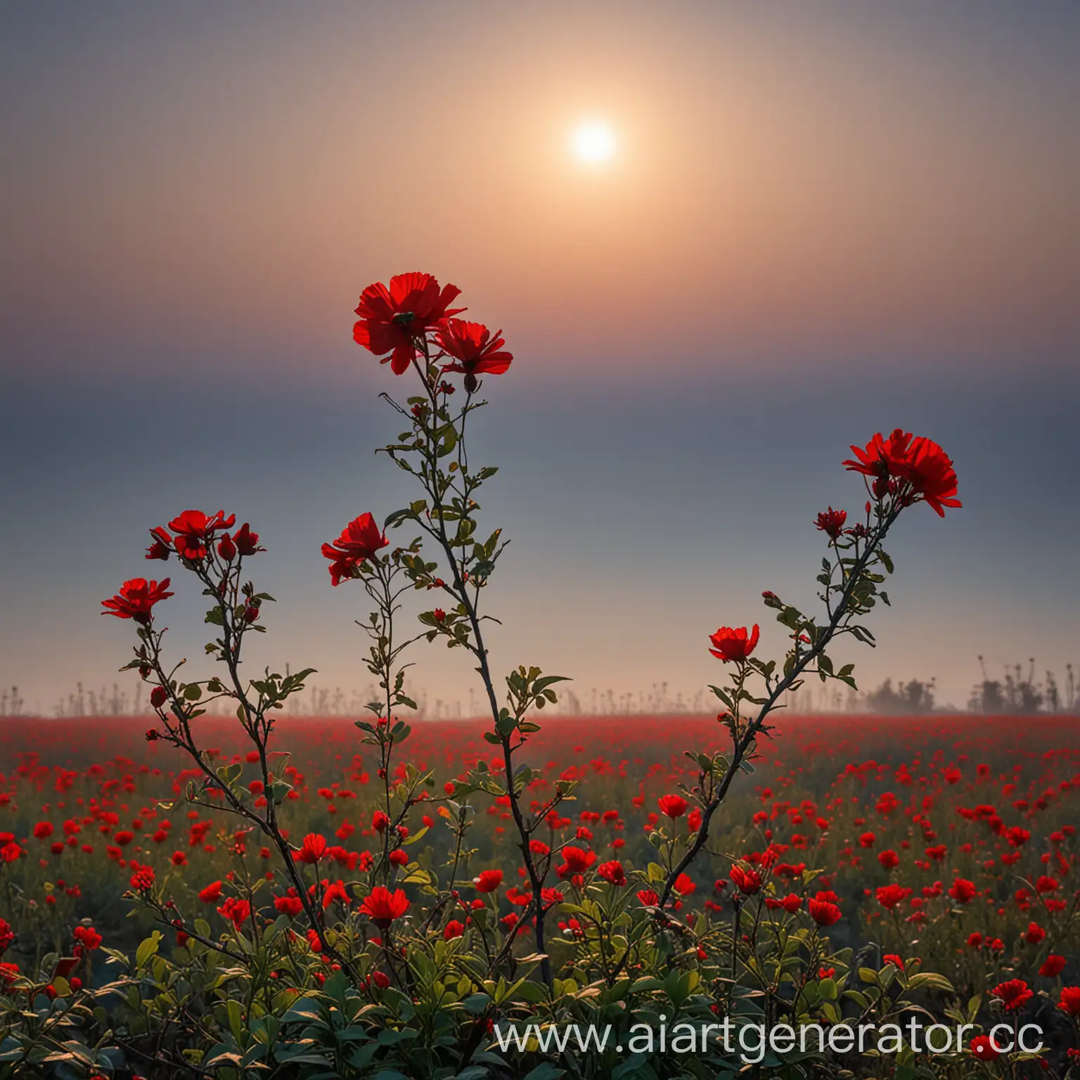 image of five red flower branches in zaar field at sunrise in blue cloudless sky