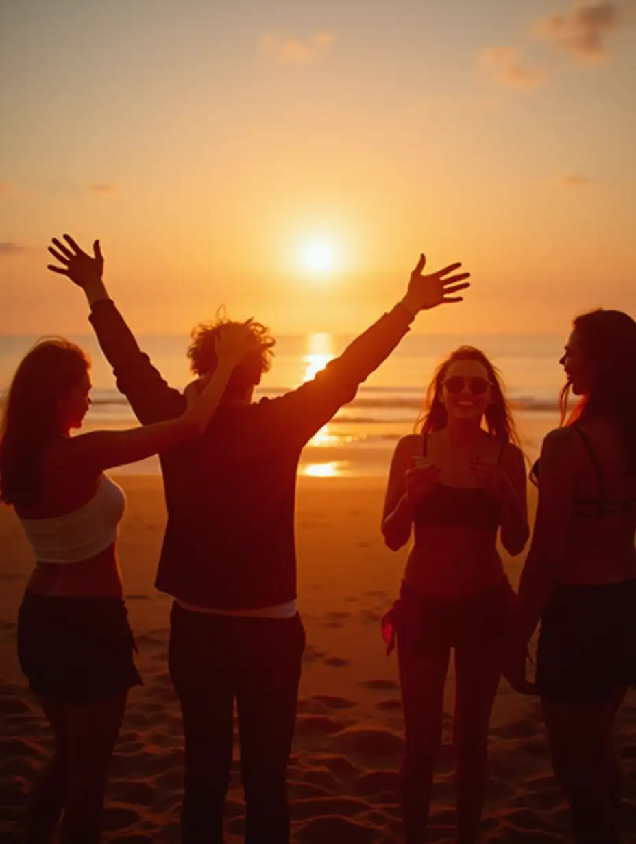 young people celebrating at sunset a party at the beach