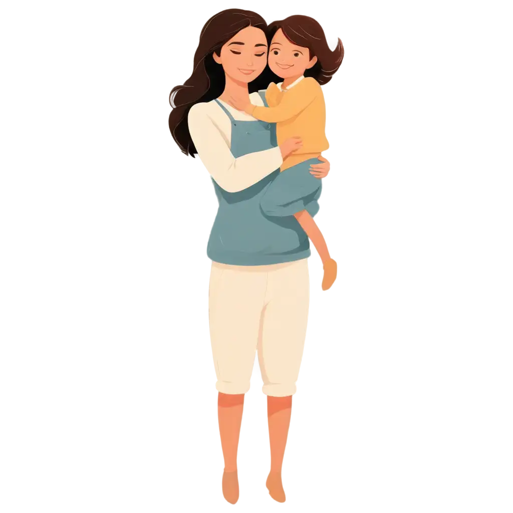 Beautiful mother hugging cute little girl, cartoon, cozy, happy