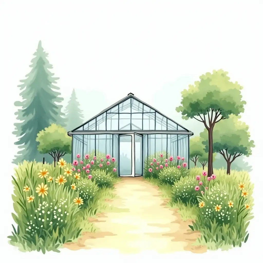 Tranquil-Greenhouse-with-Colorful-Plants-and-Flowers-in-a-Watercolor-Landscape