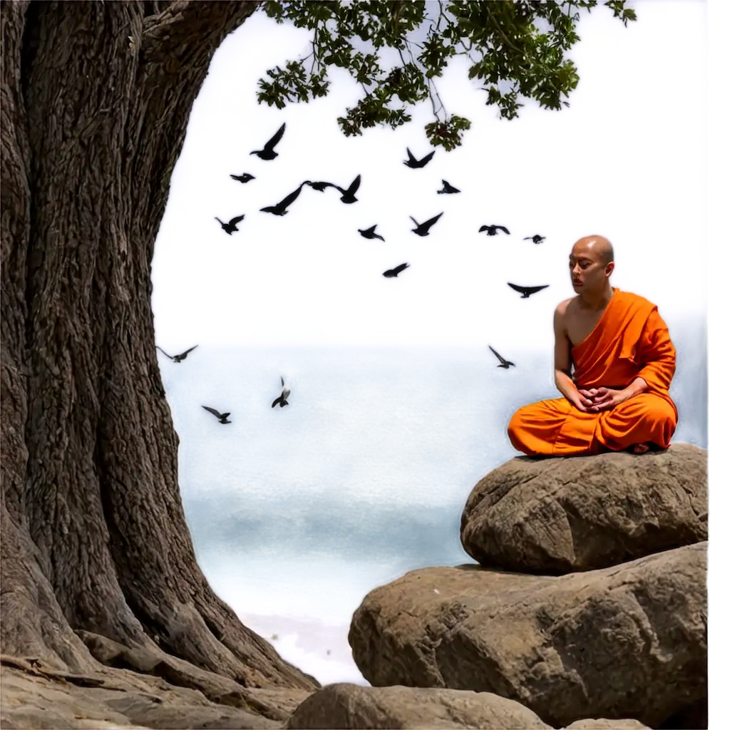 Serene-Monk-Meditating-on-a-Rock-with-Sea-and-Birds-PNG-Image-HighQuality-and-Clear-Visual-for-Creative-Projects