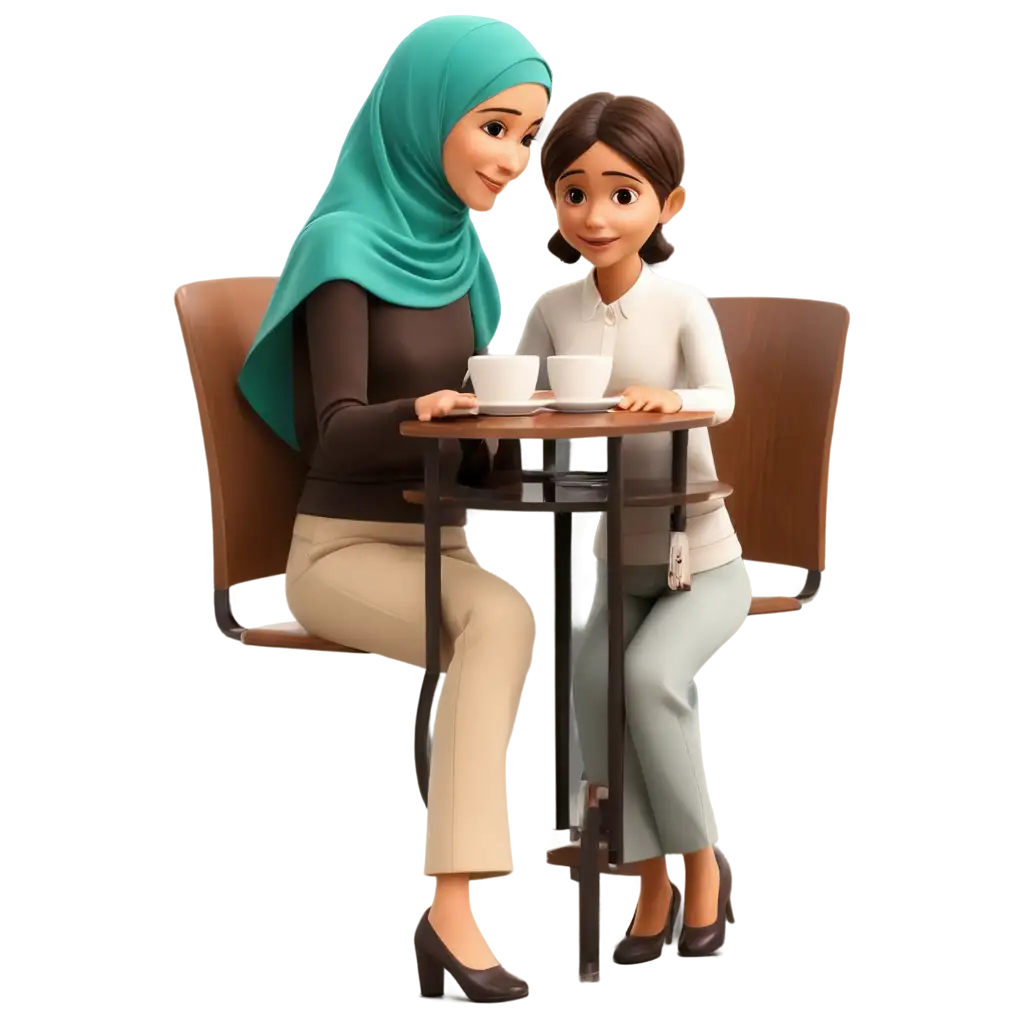 PNG-Image-OptimizationFunny-Animated-Muslim-Woman-at-a-Restaurant-with-Mother-and-Child-PNG-Image-for-Versatile-Use