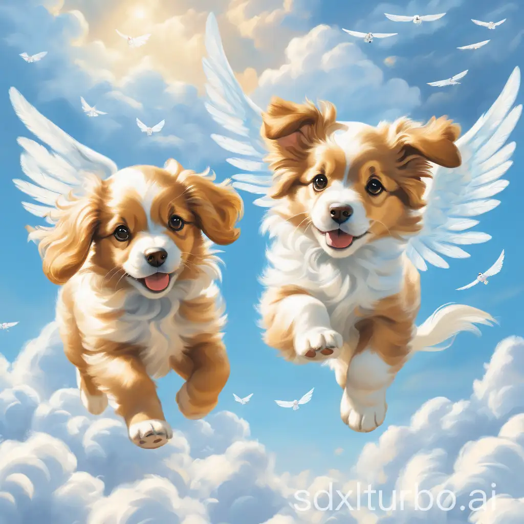 Two adorable puppies playfully chase each other on a bed of fluffy white clouds, their angelic wings gracefully fluttering behind them.