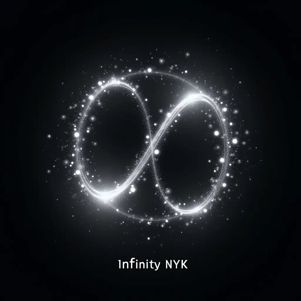 White Glowing Black Hole With Integrated Infinity & Text 'Infinity NYK' Written As Star Constellation