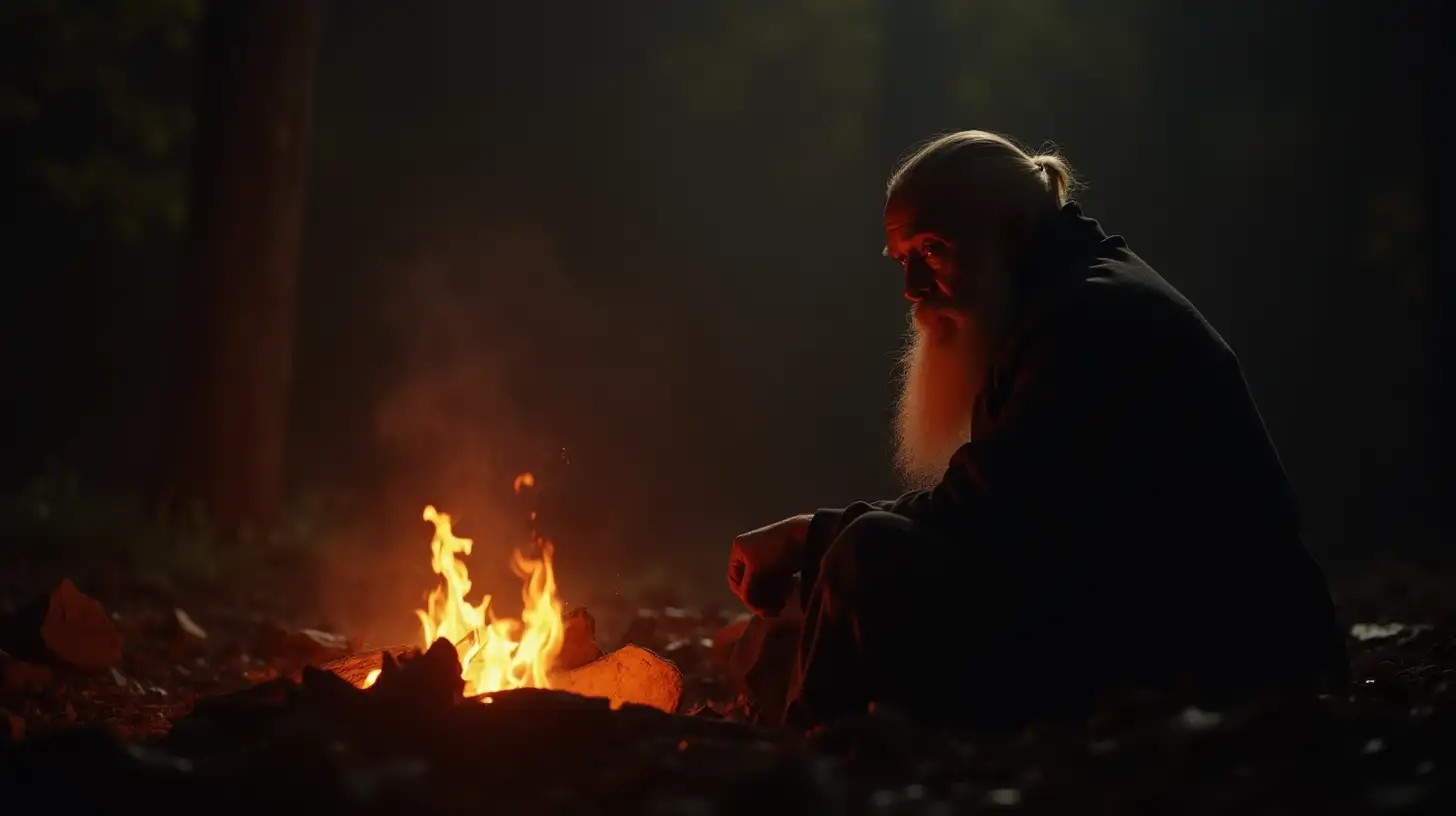 Wise Master Silhouette Contemplating Happiness by the Campfire