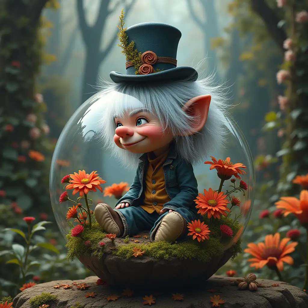 ultradetailed hyperrealistic portrait of a troll with grey and red hair and top hat sitting in a glass ball with elaborately detailed, colorful plants in the background