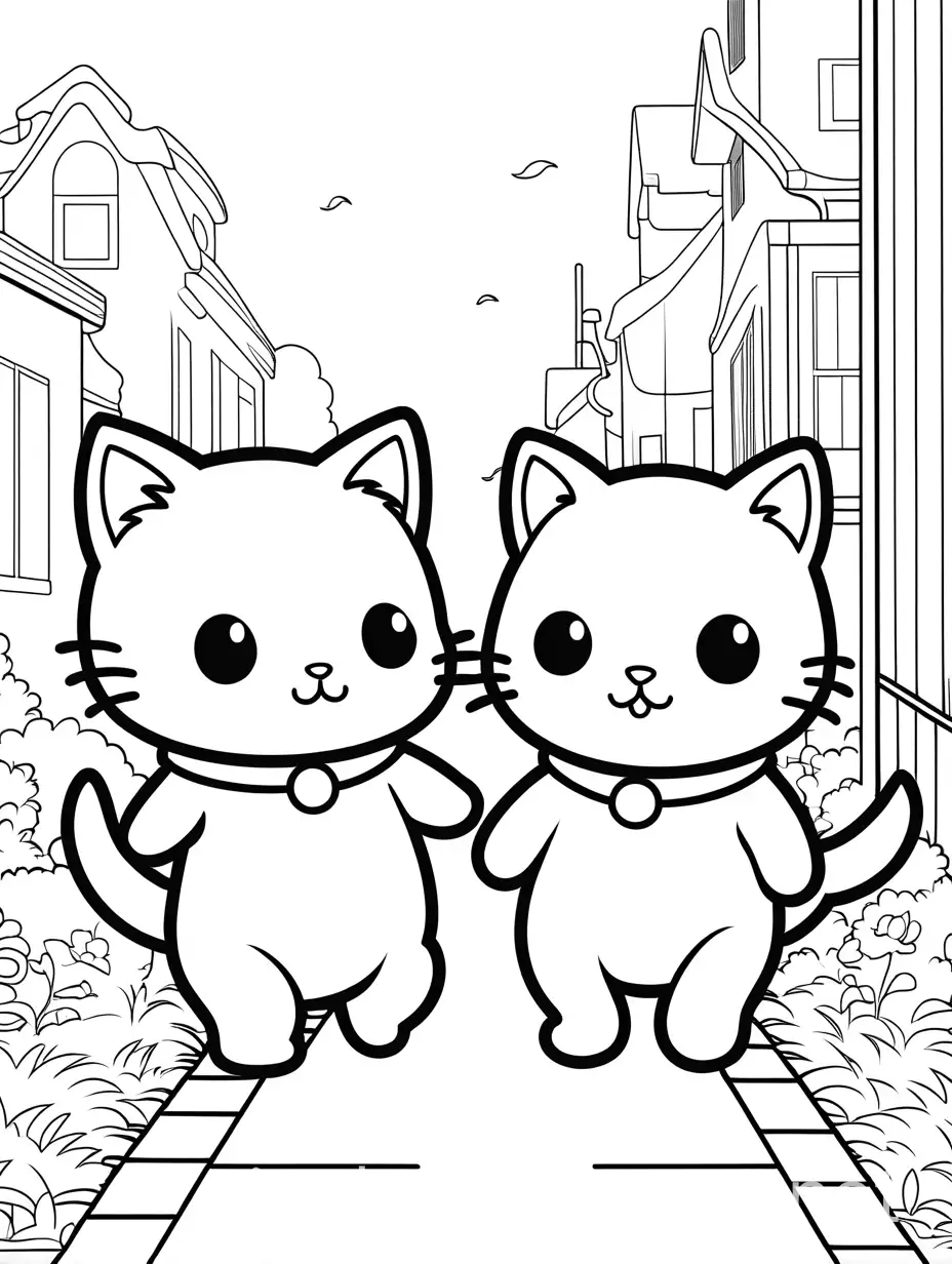 Kawaii-Kitten-and-Puppy-Walking-Hand-in-Hand-Coloring-Page