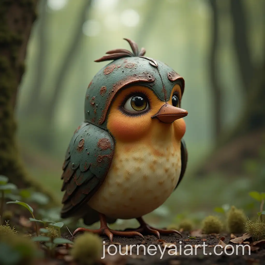 Sad-Rusty-Bird-with-Metal-Elements-in-a-Fairytale-Forest