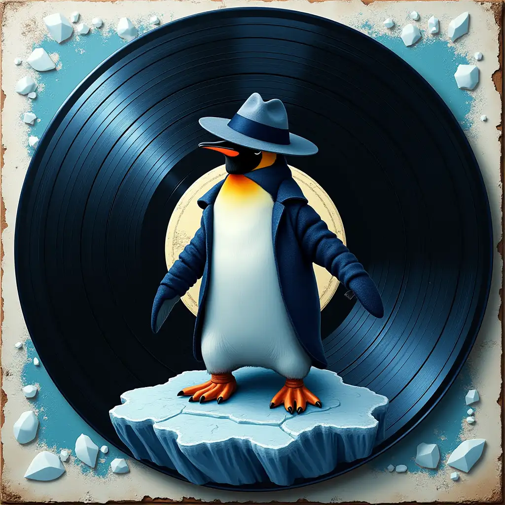 Create a retro-styled vinyl record covering a hip-hop artist penguin backed into the vinyl The entire design should use a rich palette of deep blues, silvers, and blacks, with the penguin's tuxedo-like feathers having an iridescent quality that suggests both classic vinyl records and the aurora australis. Include subtle geometric patterns in the background that mirror both sound waves and the crystalline structure of ice.