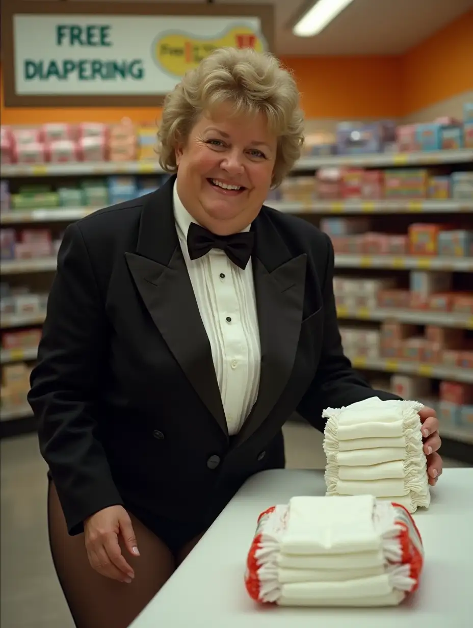 Supermarket-Product-Demonstration-with-1980s-Huggies-Diapers-and-Formal-Attire