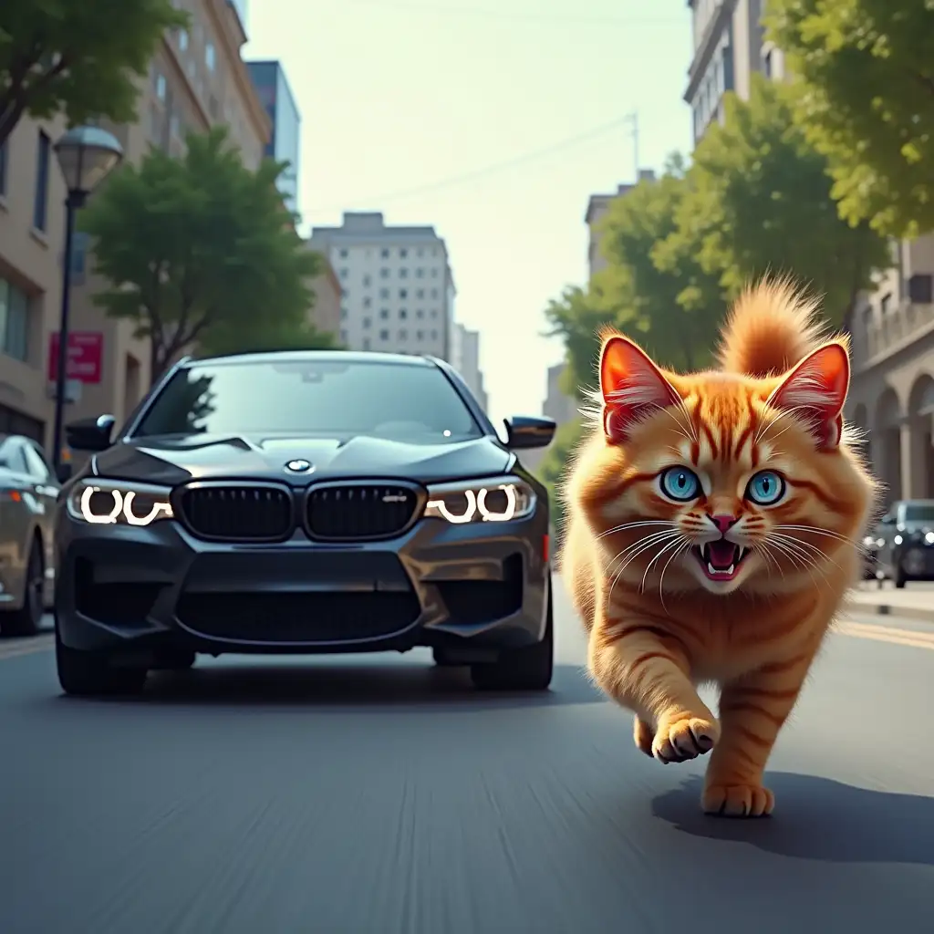 tinted windows, black BMW M5 chases a fluffy red cat, who runs in fear along the road, with blue eyes, comic