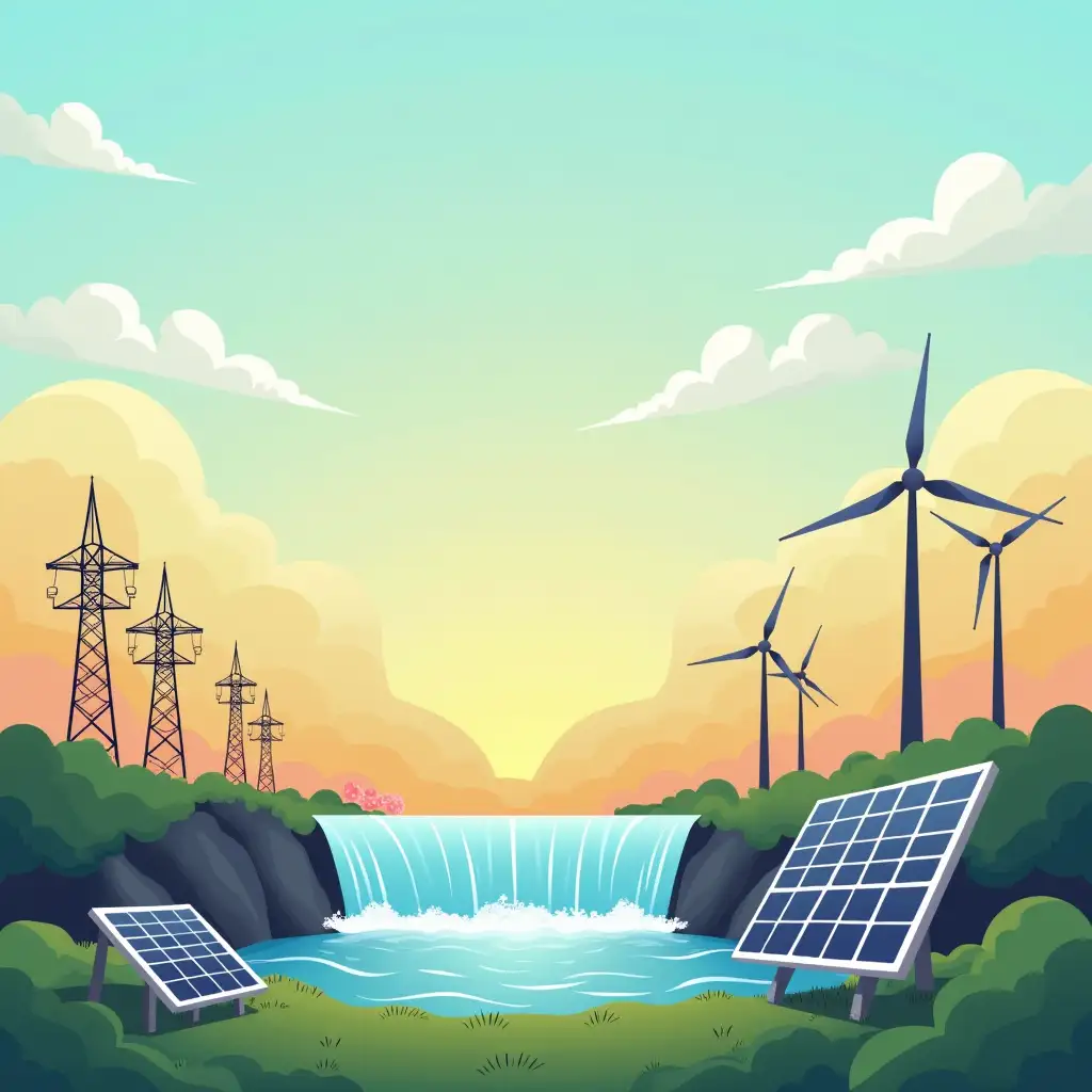 Vibrant Illustration of Renewable Energy Sources with Solar Panels Pylons and Hydropower