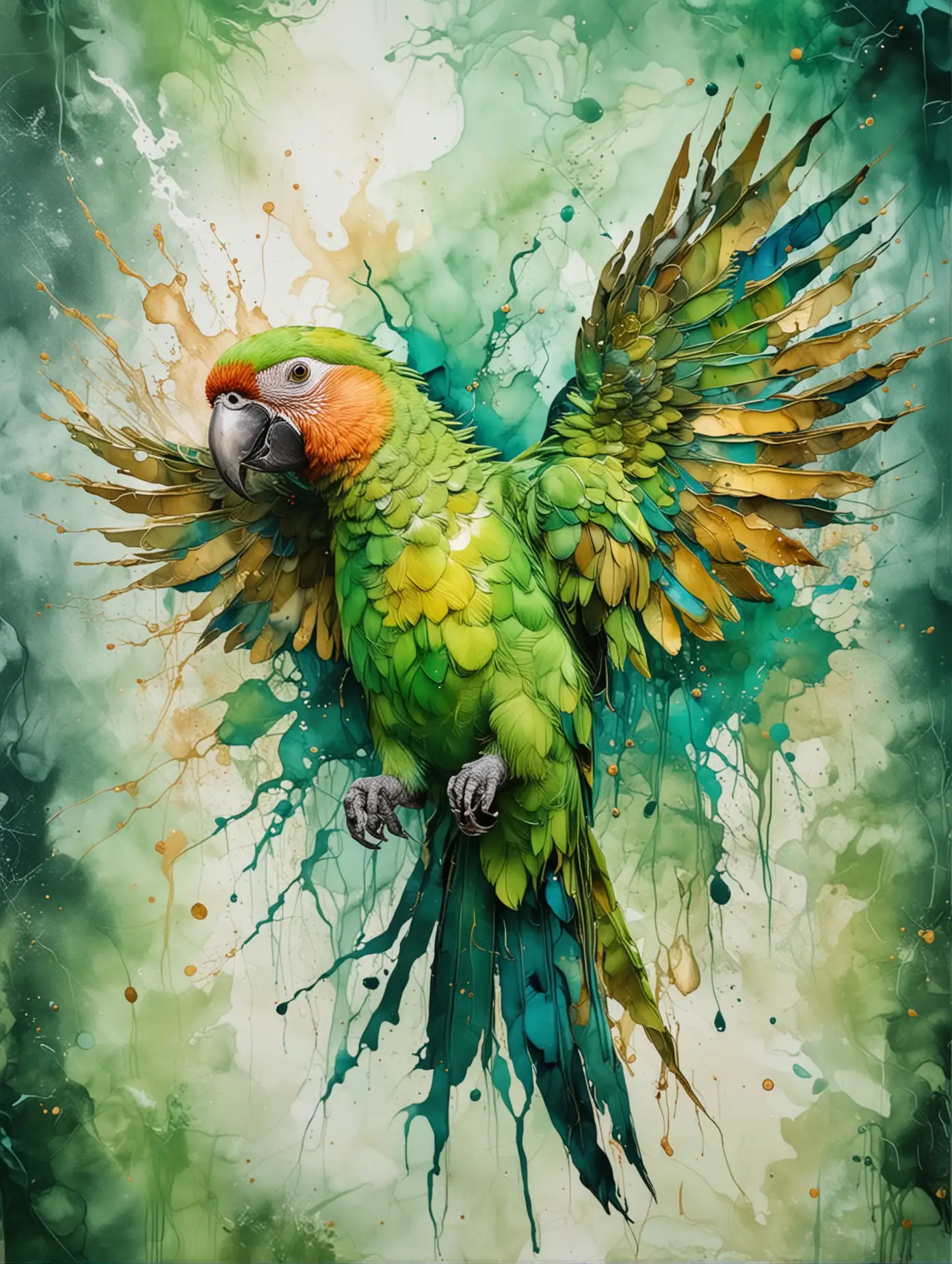 Abstract Green Parrot Alcohol Ink Painting with Golden Cracks