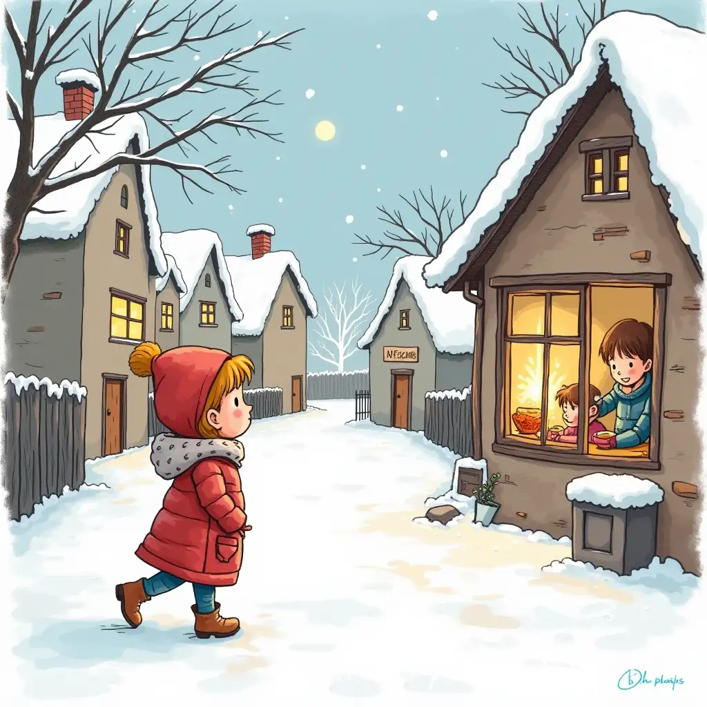 Little-Girl-Watching-a-Cozy-Home-in-a-Snowy-Village