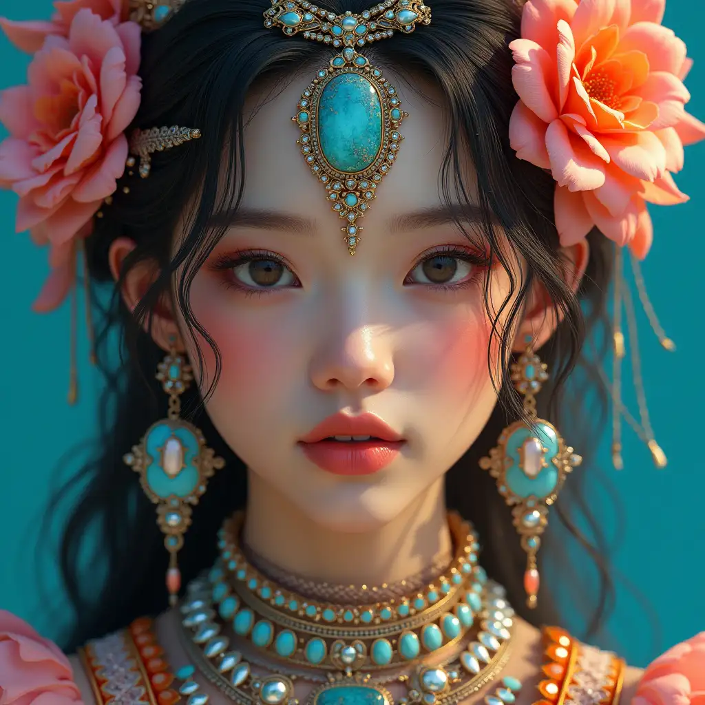 A hyperrealistic portrait of a beautiful woman wearing intricately detailed, vibrant and futuristic jewelry.