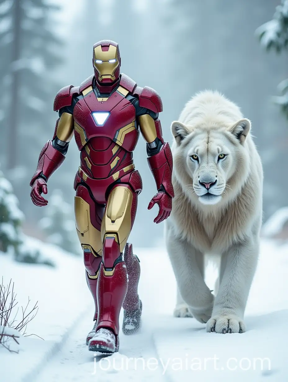 Iron-Man-and-Snow-Lion-Walking-Through-Winter-Landscape