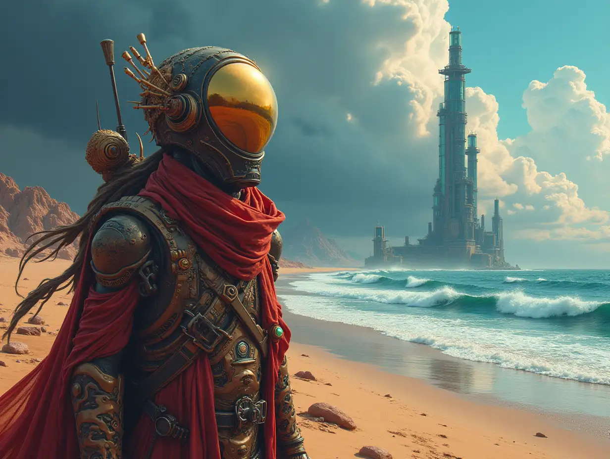 Hyperrealistic portrait of a multiverse time traveler with various alien beings-detailed, colorful desert landscape, with dark clouds and a futuristic glass tower in the background, the sea with giant wave