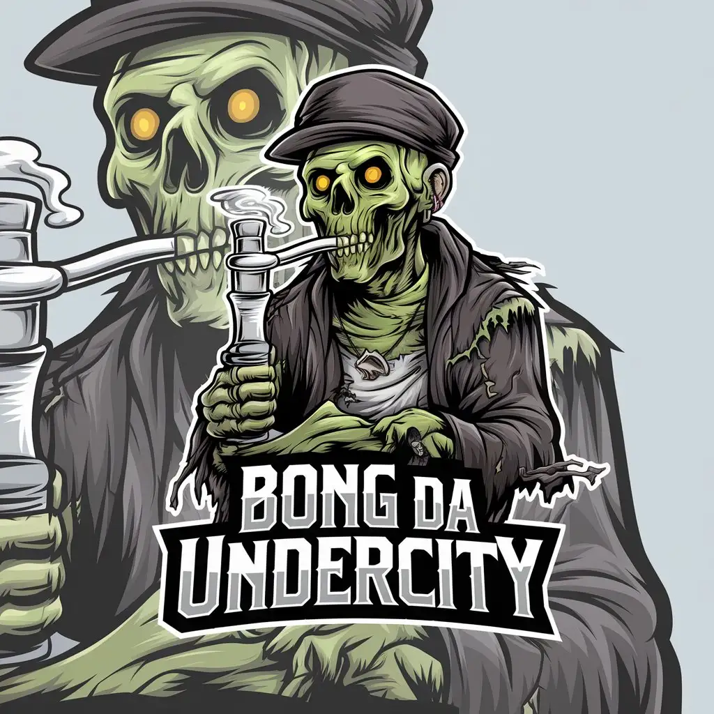 LOGO Design for Bong Da Undercity Zombie Smoking Through a Bong with Modern Clear Background