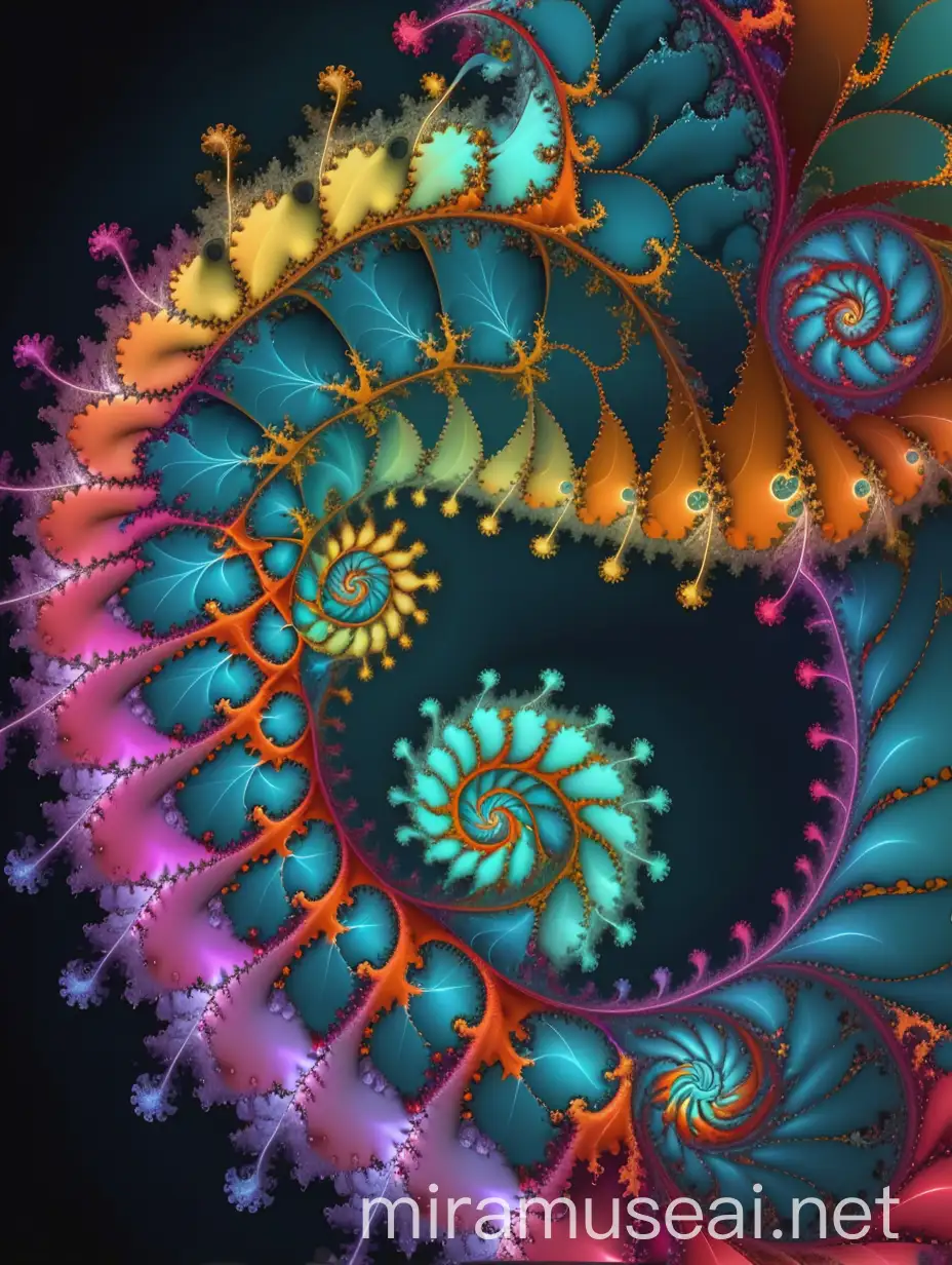 Colorful Mandelbrot Fibonacci Spiral Fractal with Botanical Elements